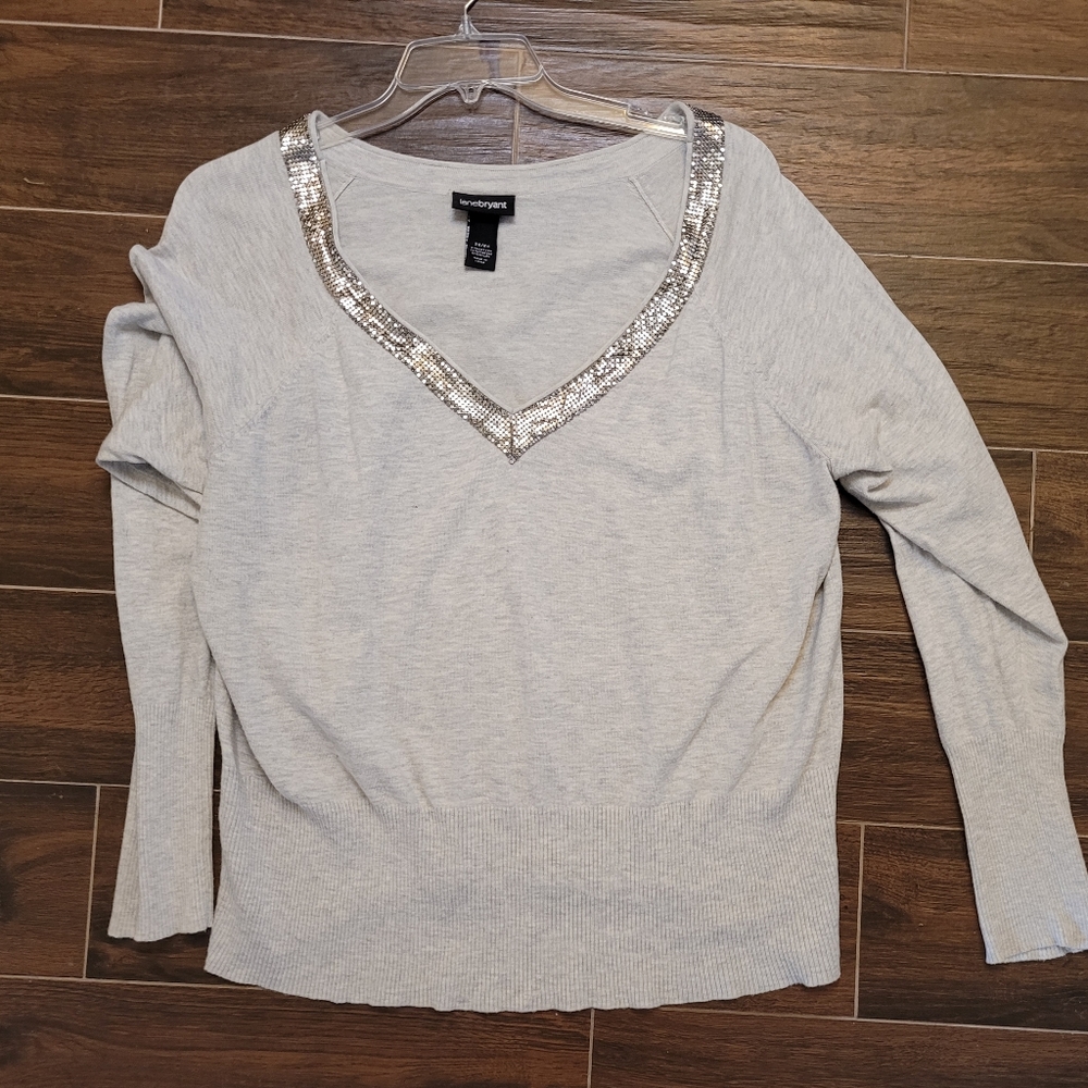 Lightweight V-neck sweater with metallic‎ neckline Lane Bryant Holiday glam